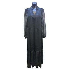 NWT Soft Surroundings Black Sheer Long Sleeve Maxi Dress w/Tiered Skirt Size S